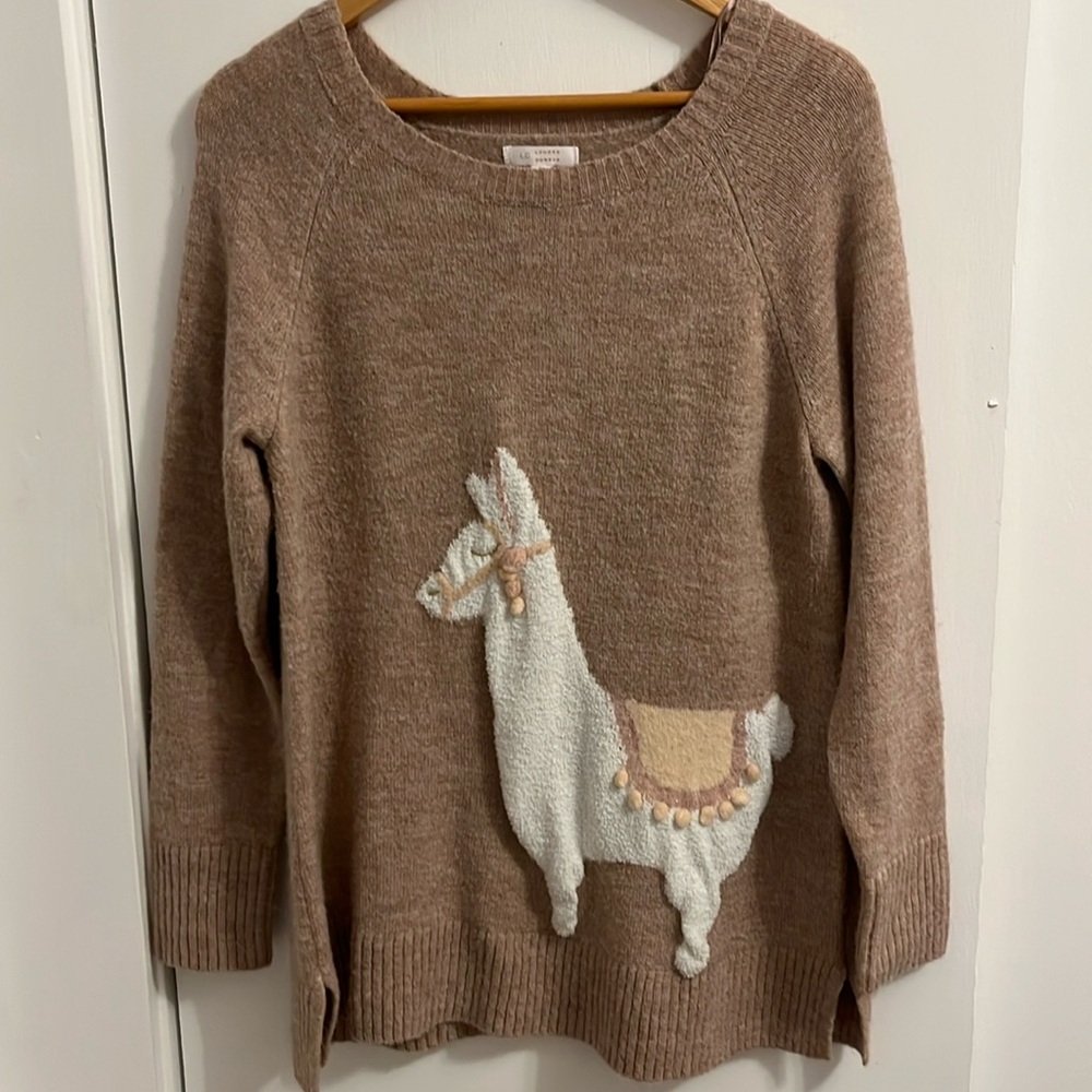 Lauren Conrad Womens Sweater Taupe Pink Knit La La Llama Stretch Large